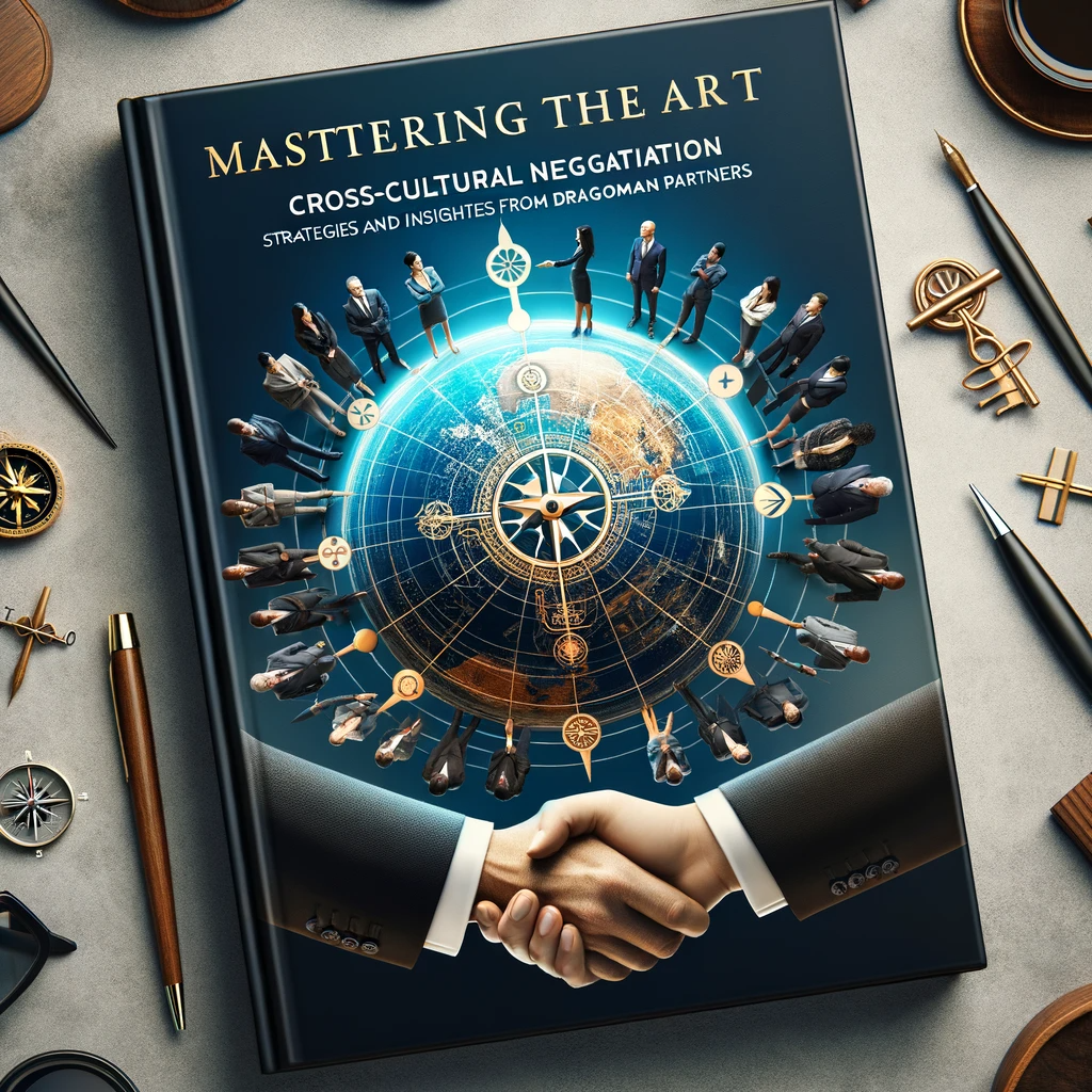 Book cover showing a globe with diverse people in business attire, symbols of handshake and compass, and the title 'Mastering the Art of Cross-Cultural Negotiation' at the top.