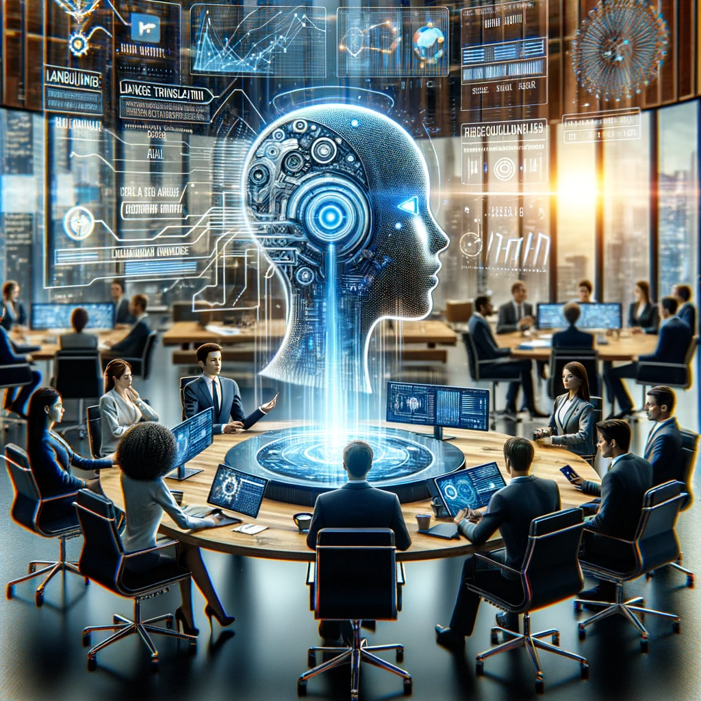 A modern office scene with diverse business professionals using an AI-powered language translation device during a meeting. The workspace is equipped with advanced AI technology, including digital screens showing multilingual data and graphs, highlighting the integration of AI in overcoming language barriers in global business.