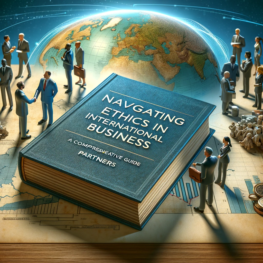 An open book titled 'Navigating Ethics in International Business' surrounded by miniature business figures of various ethnicities shaking hands, against a backdrop of a subtle global map, in a modern office setting.