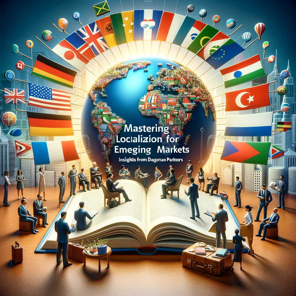 An open book titled 'Mastering Localization Strategies' surrounded by miniature business figures from various emerging market countries discussing and exchanging ideas, with a background collage of different national flags.