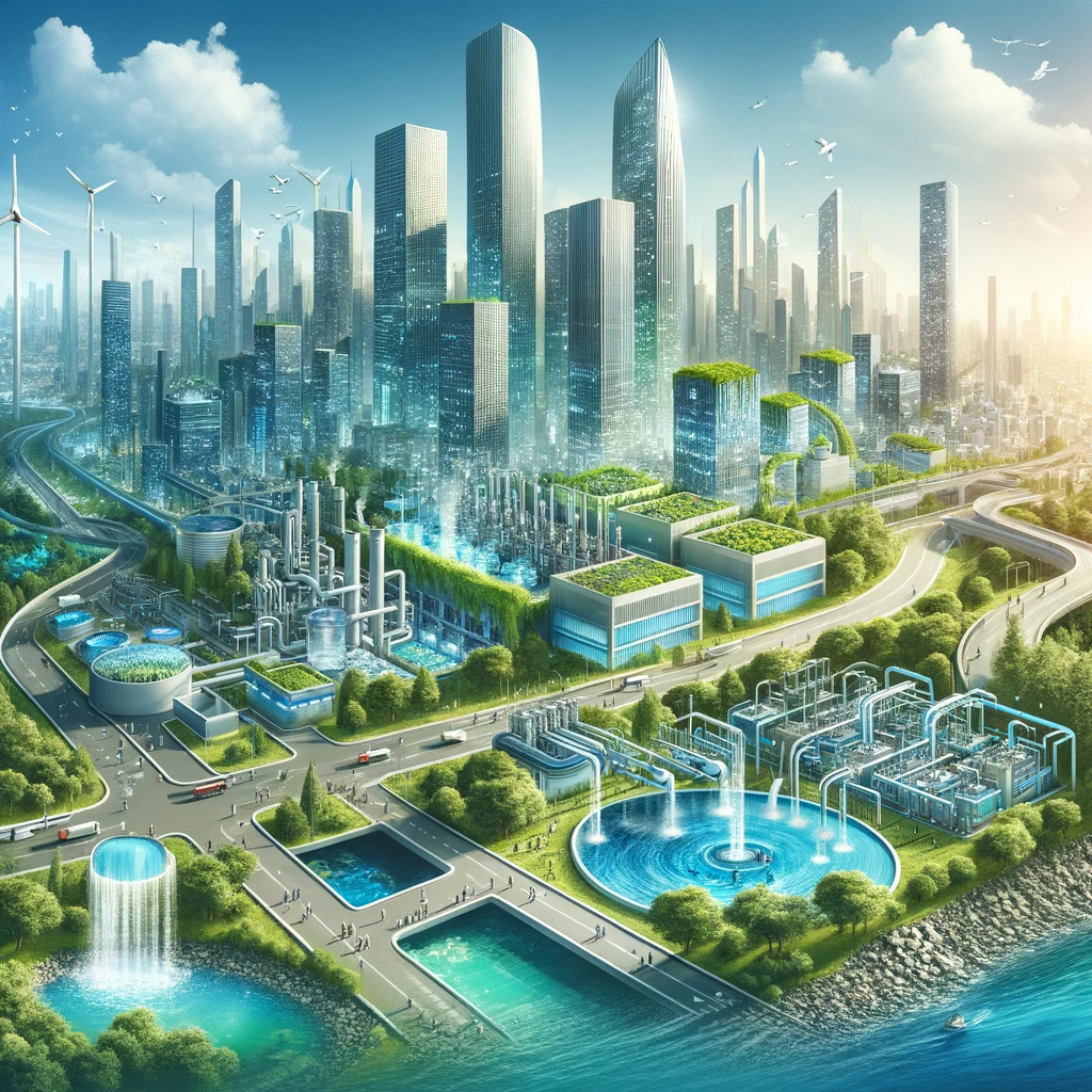 A futuristic city landscape with advanced water recycling systems and green rooftops, showcasing urban water sustainability.