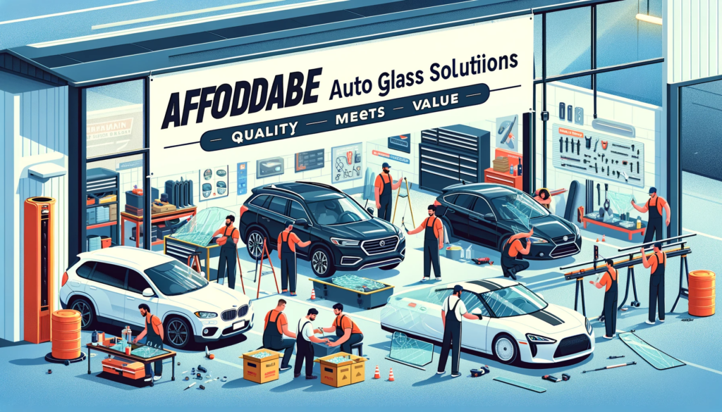 A bustling auto glass repair shop in Hammond, where technicians are actively installing windshields on a variety of vehicles, reflecting the blend of affordability and quality. The well-organized garage is filled with tools, auto glass panes, and banners promoting 'Affordable Auto Glass Solutions: Quality Meets Value'.