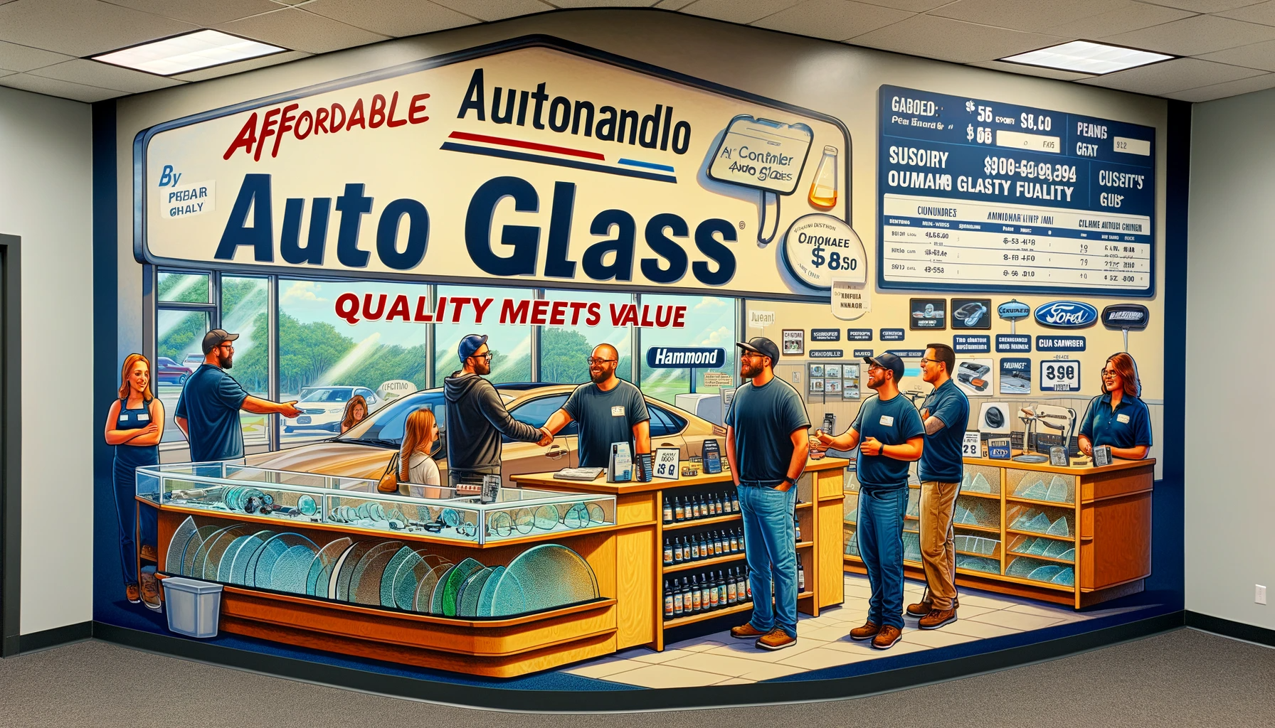 Interior of a customer-centric auto glass shop in Hammond, showcasing affordability and quality. The scene includes customers interacting with friendly staff, a variety of auto glass on display, and visible pricing details. The shop is neat, organized, and inviting, with a prominent sign reading 'Affordable Auto Glass Solutions: Quality Meets Value'.
