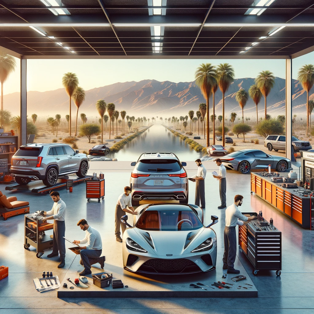 A luxurious car service center in Palm Springs with high-end vehicles and skilled technicians.