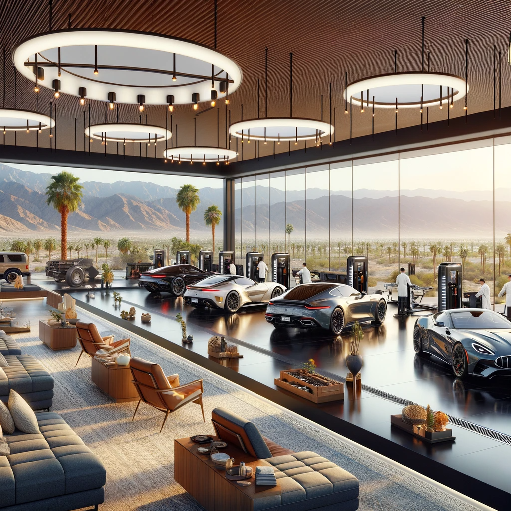An exclusive car service facility in Palm Springs with high-end cars and a lavish interior.