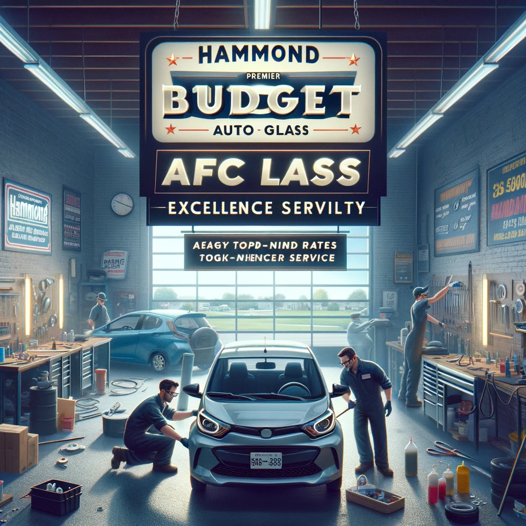 Workshop of Hammond's budget auto glass service with technicians working and budget-friendly rates signage.