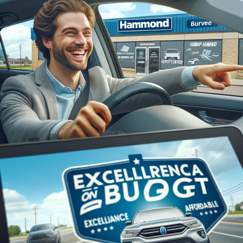 Happy customer driving away from Hammond's auto glass service center with a banner 'Excellence on a Budget'.