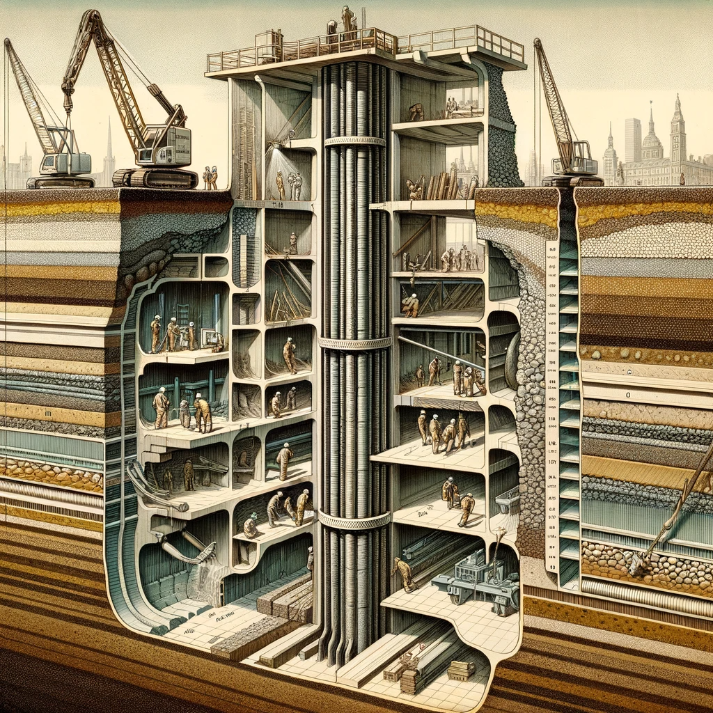 A cross-sectional view showing caisson drilling into the earth with workers operating the equipment.