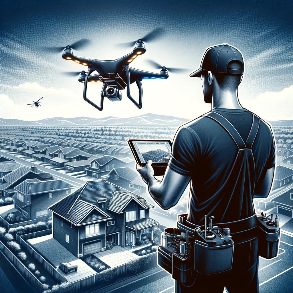 A professional roofer in San Diego operating a drone to inspect a residential roof, showcasing an aerial view.