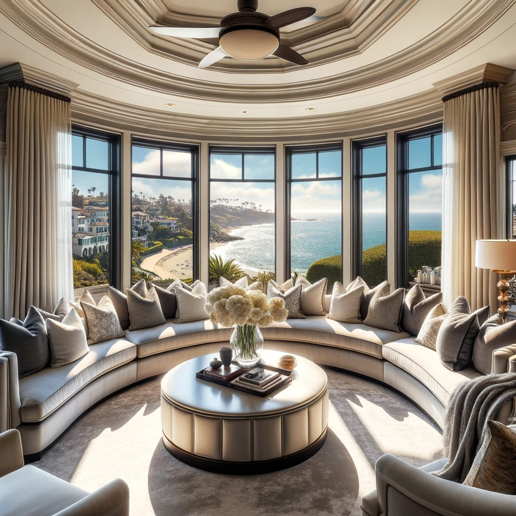 Sophisticated living room in a San Diego home with a stunning bay window offering a panoramic coastline view.