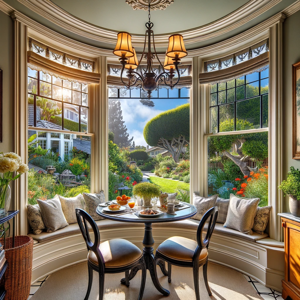  Charming breakfast nook in San Diego home with a stylish bay window overlooking a garden.