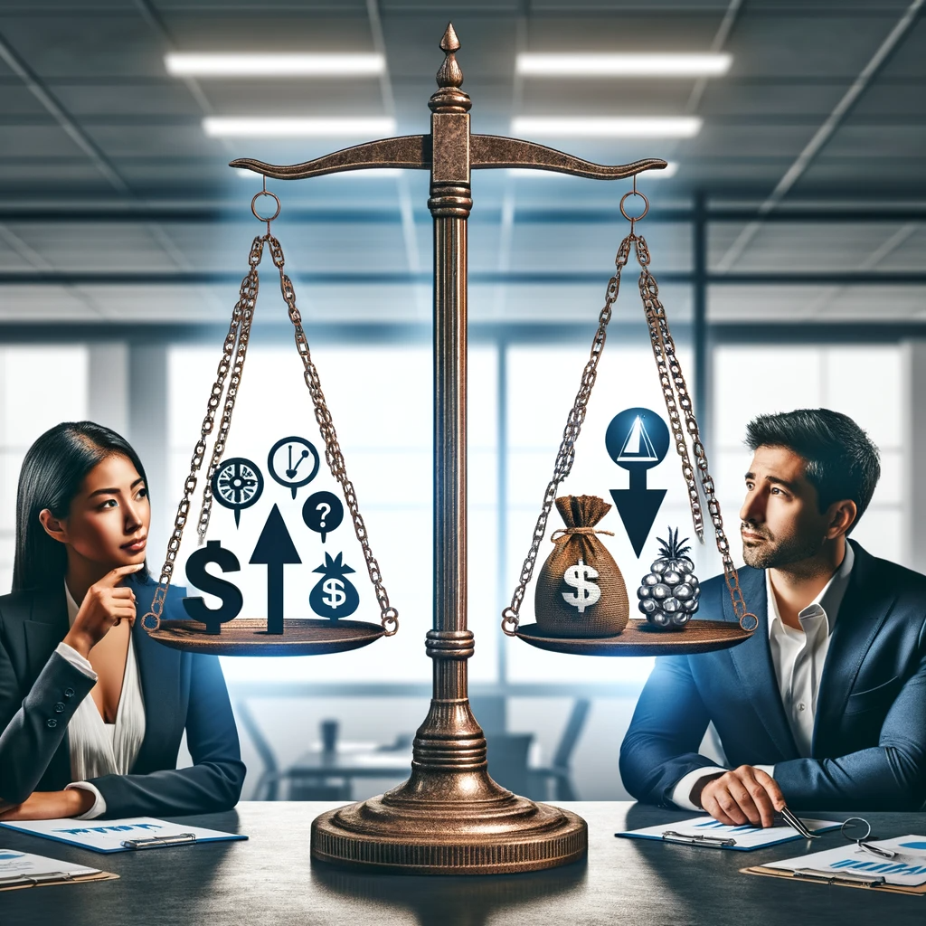 Two business partners, a South Asian female and a Hispanic male, are in a modern office with a scale in the background. The scale balances symbols of the pros and cons of debt financing, with growth and opportunity symbols on one side and risk and burden symbols on the other, as they engage in a thoughtful discussion.