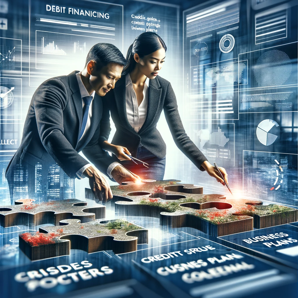 Two business partners, an East Asian male and a Middle-Eastern female, are in a dynamic office setting, actively engaged in assembling a large puzzle. Each puzzle piece represents different aspects of securing debt financing, such as credit scores, business plans, and collateral.