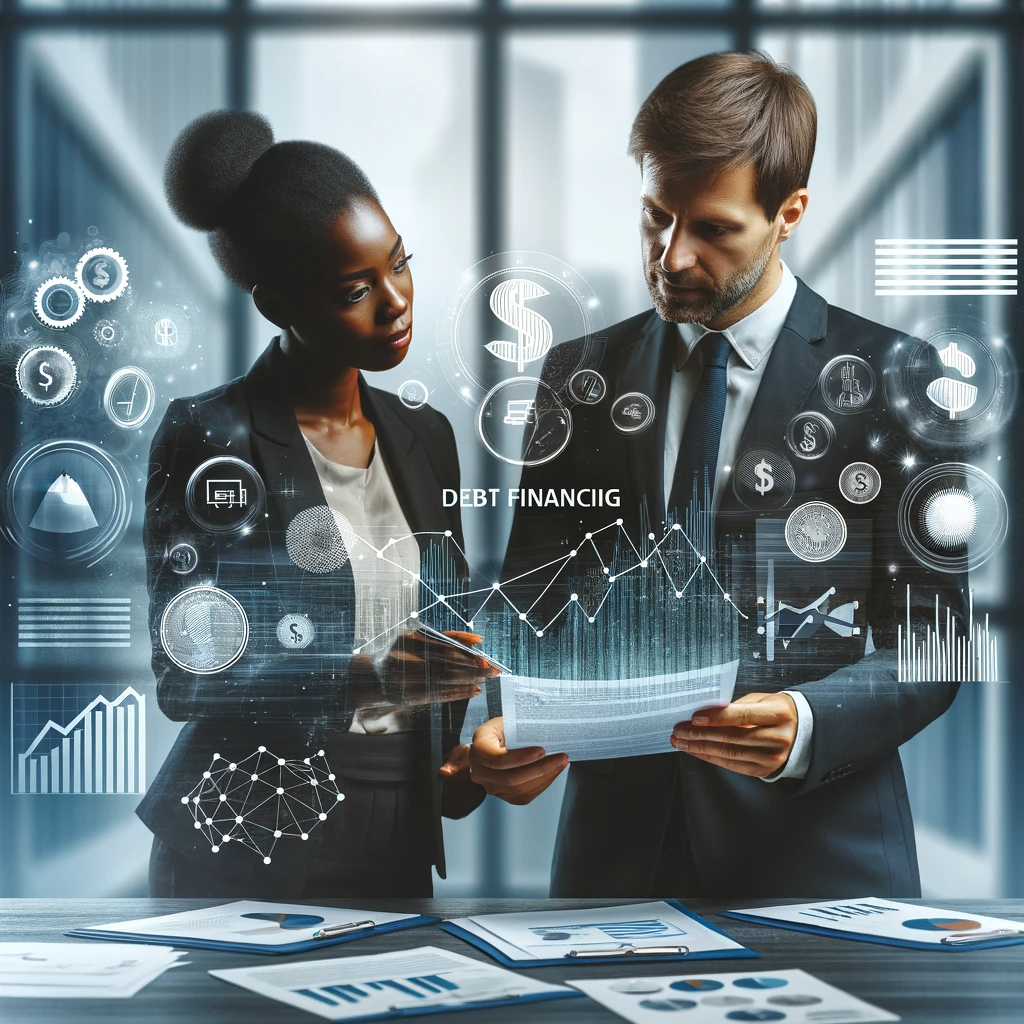 Two business partners, a Caucasian male and a Black female, are discussing a document labeled 'Debt Financing' in a modern office. They are surrounded by floating financial charts, graphs, and symbols like dollar signs in a semi-transparent manner, emphasizing the financial theme.