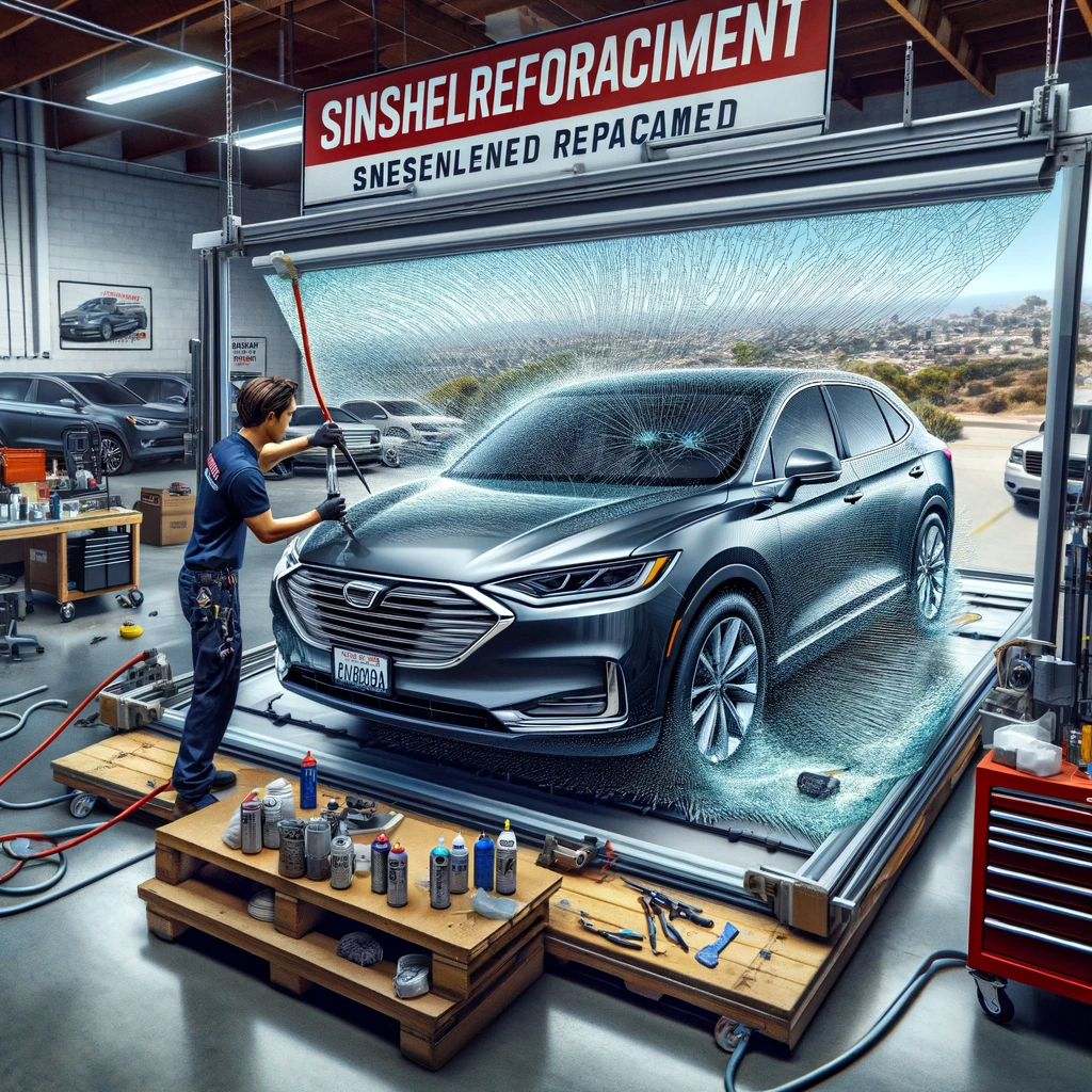 A technician expertly replacing the windshield of a vehicle in a San Diego replacement center, with customers observing.