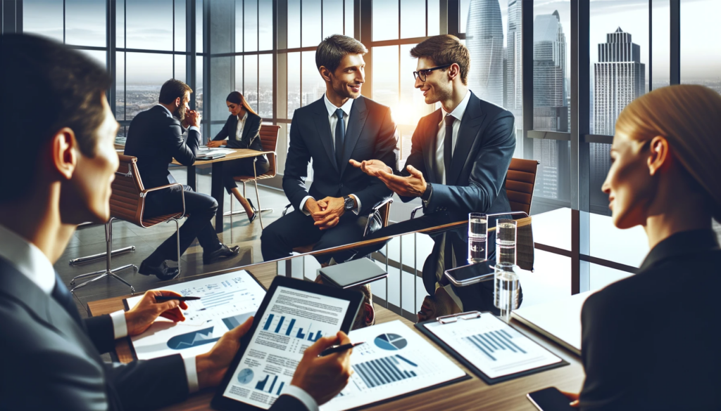 Two business partners in a modern office, discussing over documents with a city skyline in the background.