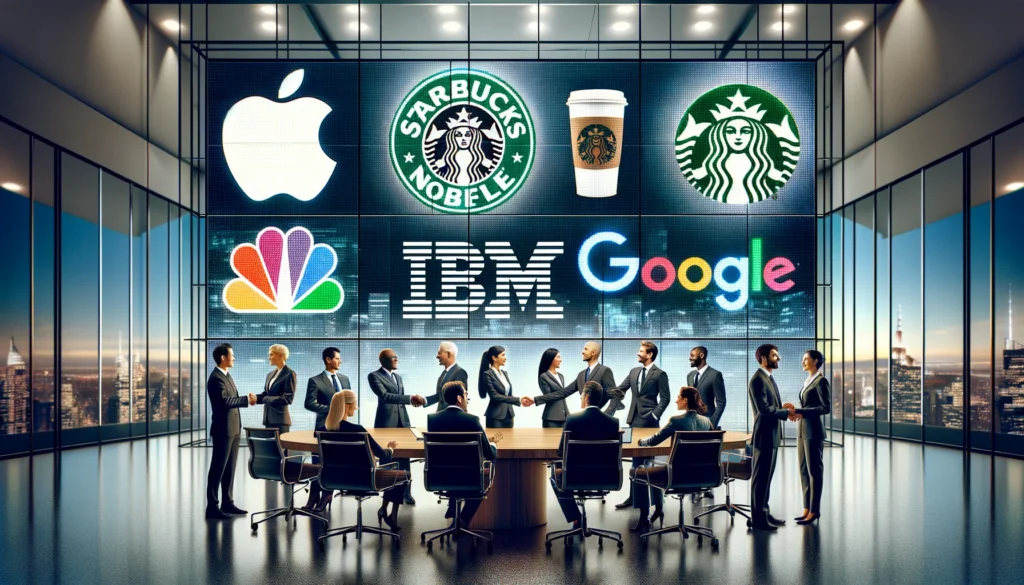 A modern office scene showing diverse businesspeople and logos of Apple, IBM, Starbucks, Barnes & Noble, Google, and Luxottica.