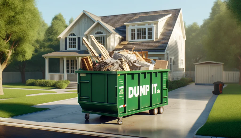 "Dump It dumpster in a residential driveway with renovation debris"
