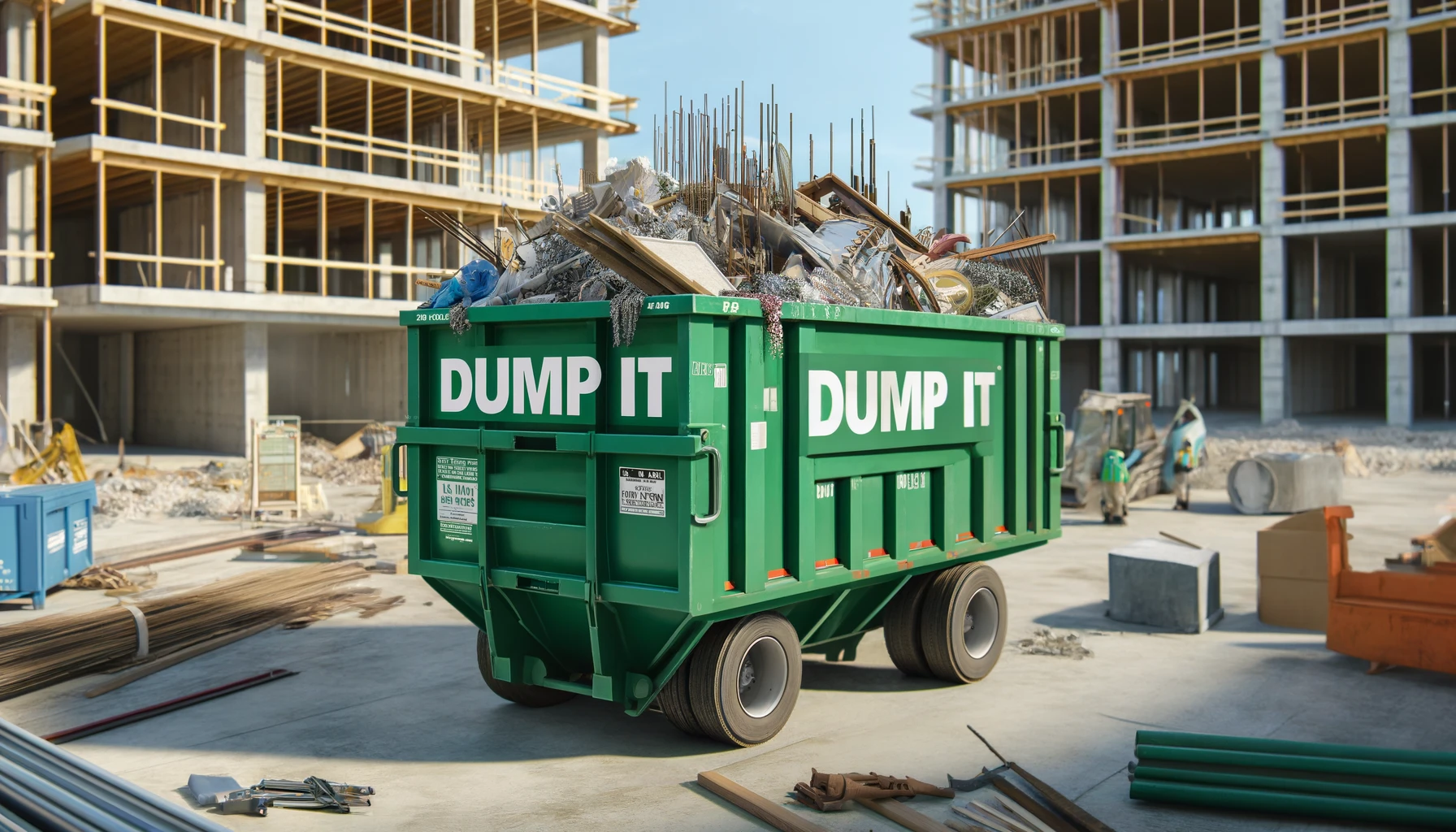 "Dump It dumpster at a construction site with debris and workers"