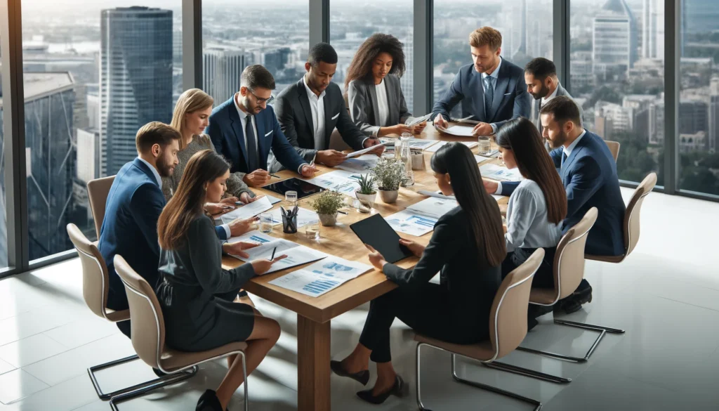 Diverse business professionals engaged in a strategic meeting in a modern office.