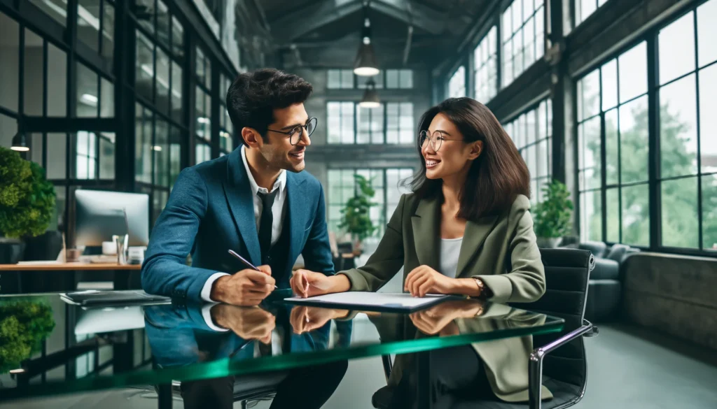 Two business partners, a man and a woman, discussing in a bright office.