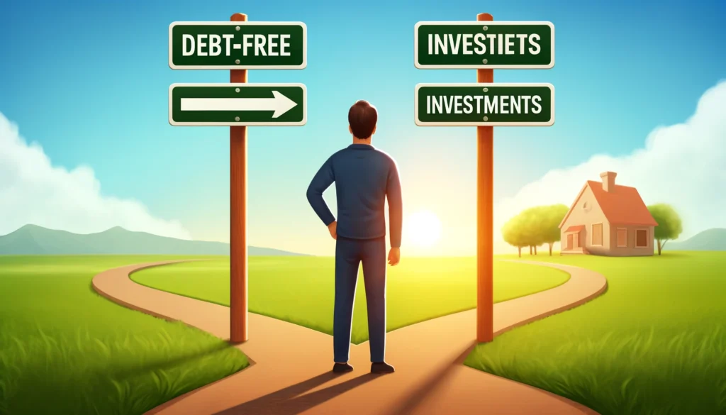 Person standing at a fork in the road with paths labeled 'Debt-Free' and 'Investments'