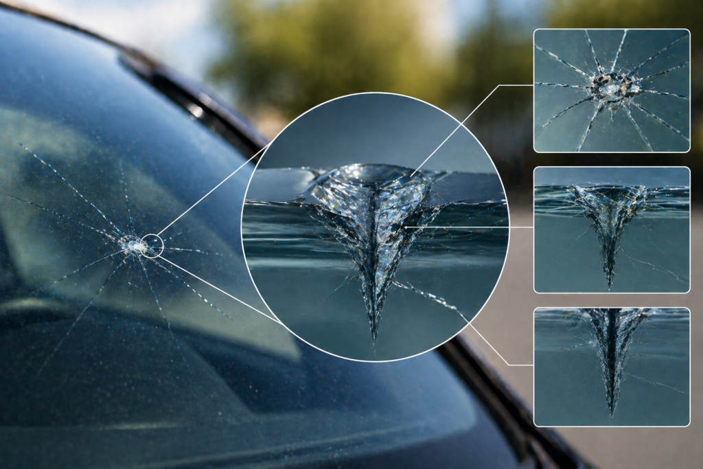 Windshield chip and crack close-up